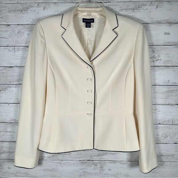 Ann Taylor Jacket Career Professional Work Ivory w /Black Piping 8 - Picture 1 of 9